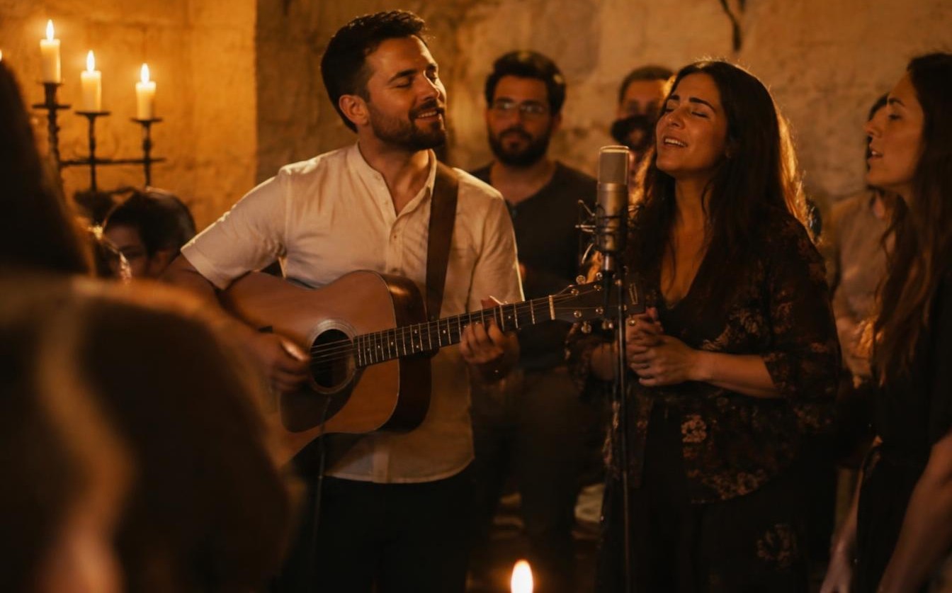 Worship leaders singing together around one microphone